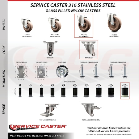 Service Caster 4 Inch 316SS High Temp Glass Filled Nylon 1-7/8 Inch Stem Caster Lck Brake, 2PK SS316TTLEX20S414-GFNSHT-2-S-2-178